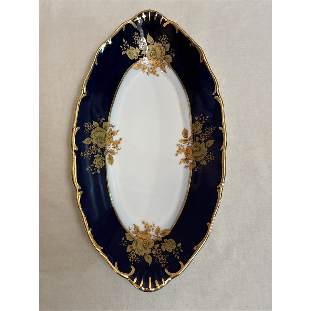 A.I. Czech Republic Design Porcelain Platter Blue Gold Floral Oval 10.5x5.5